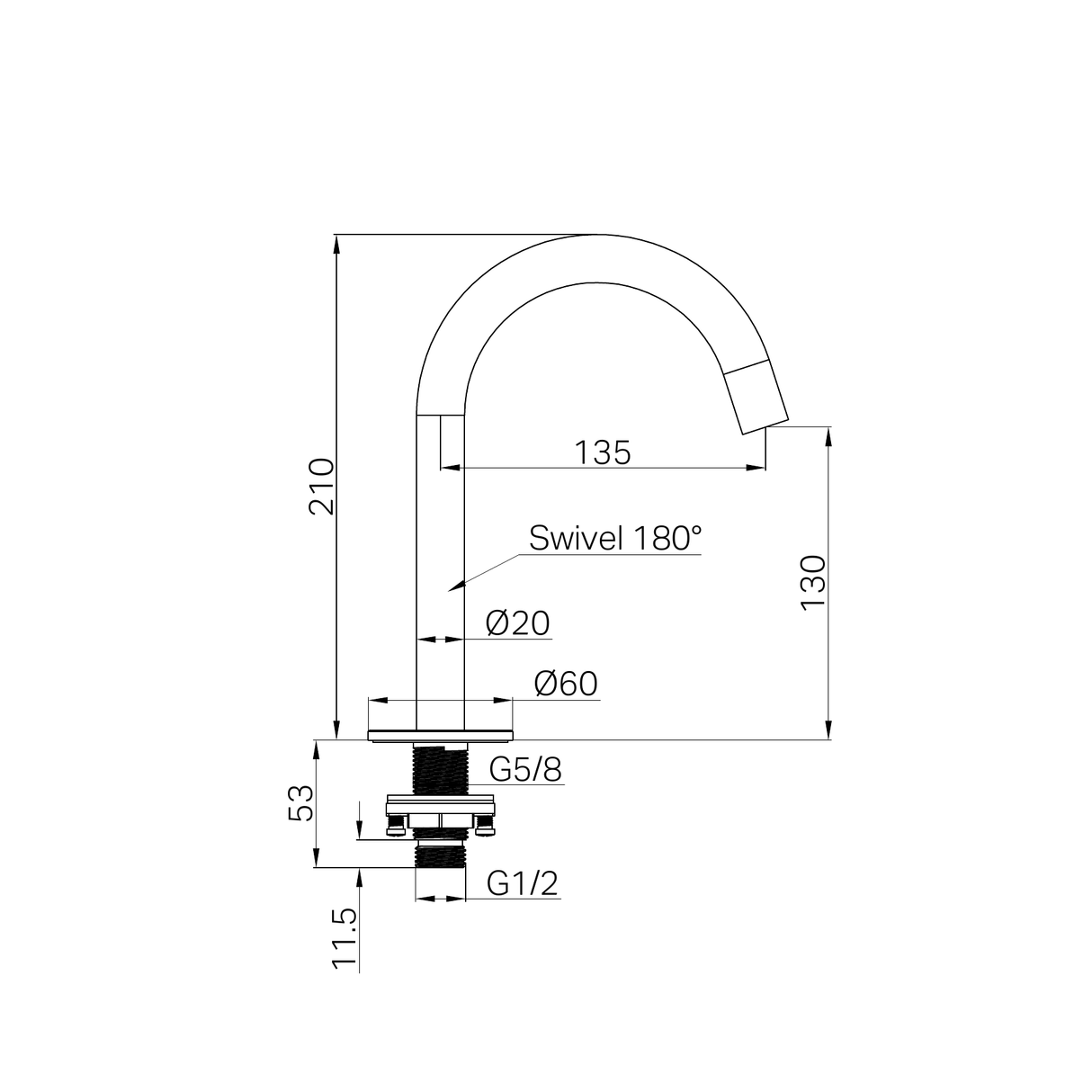 A line drawing of Nero Tapware's Serenity Basin Arc Spout Chrome