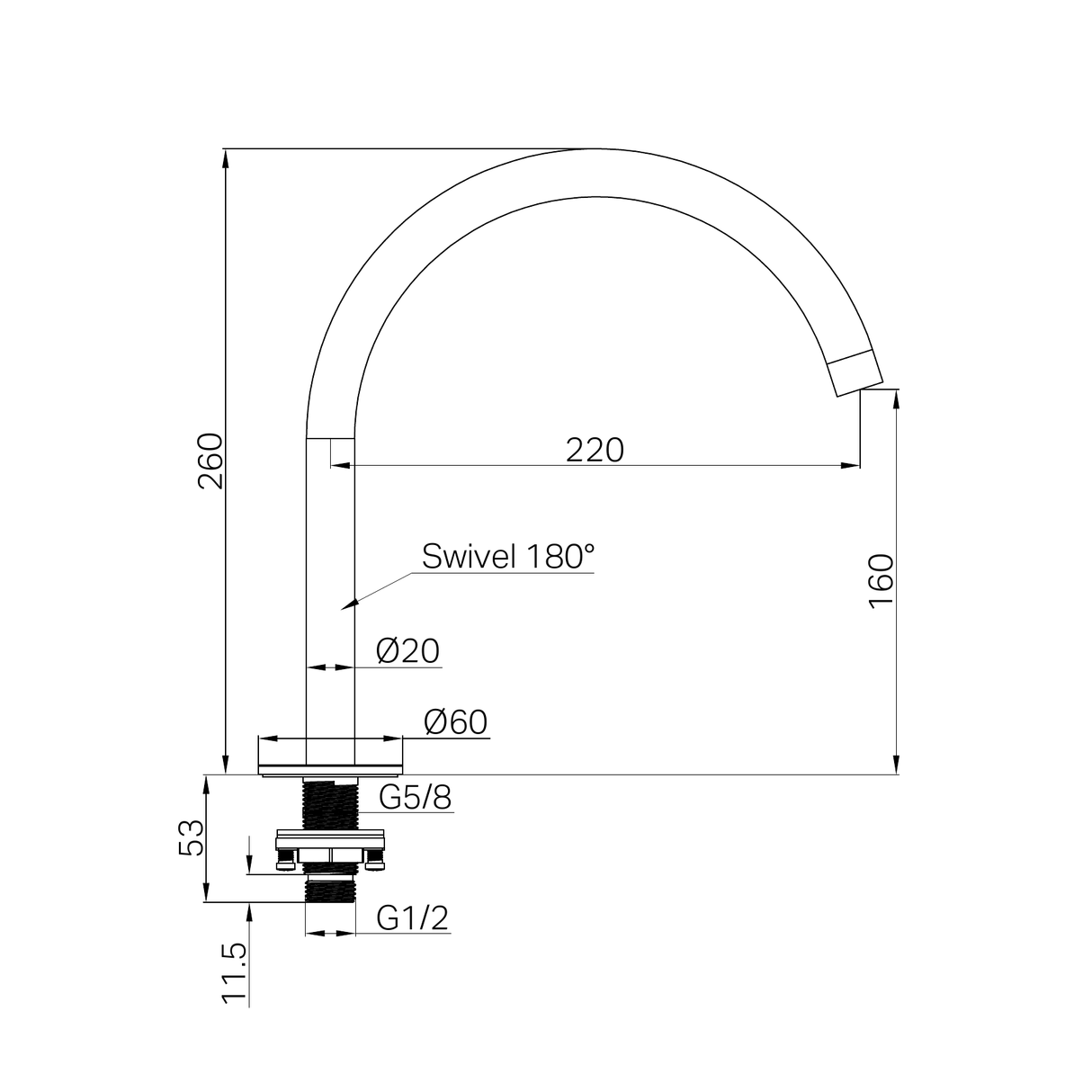A line drawing of Nero Tapware's Serenity Bath/Kitchen Arc Spout Brushed Bronze