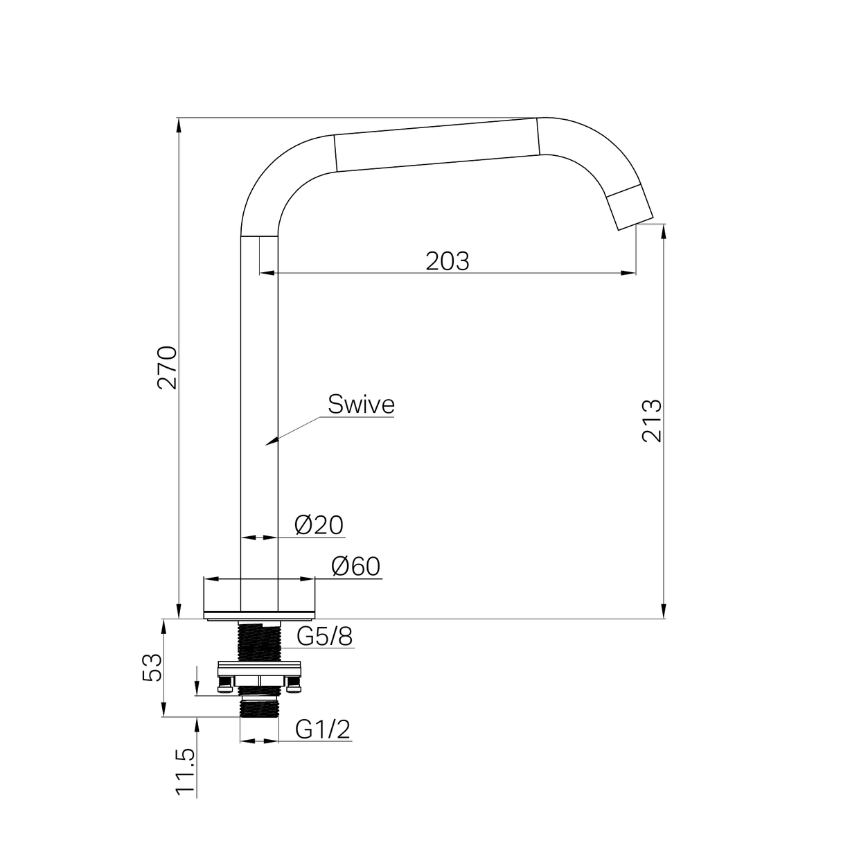 A line drawing of Nero Tapware's Serenity Bath/Kitchen Edge Spout Brushed Nickel