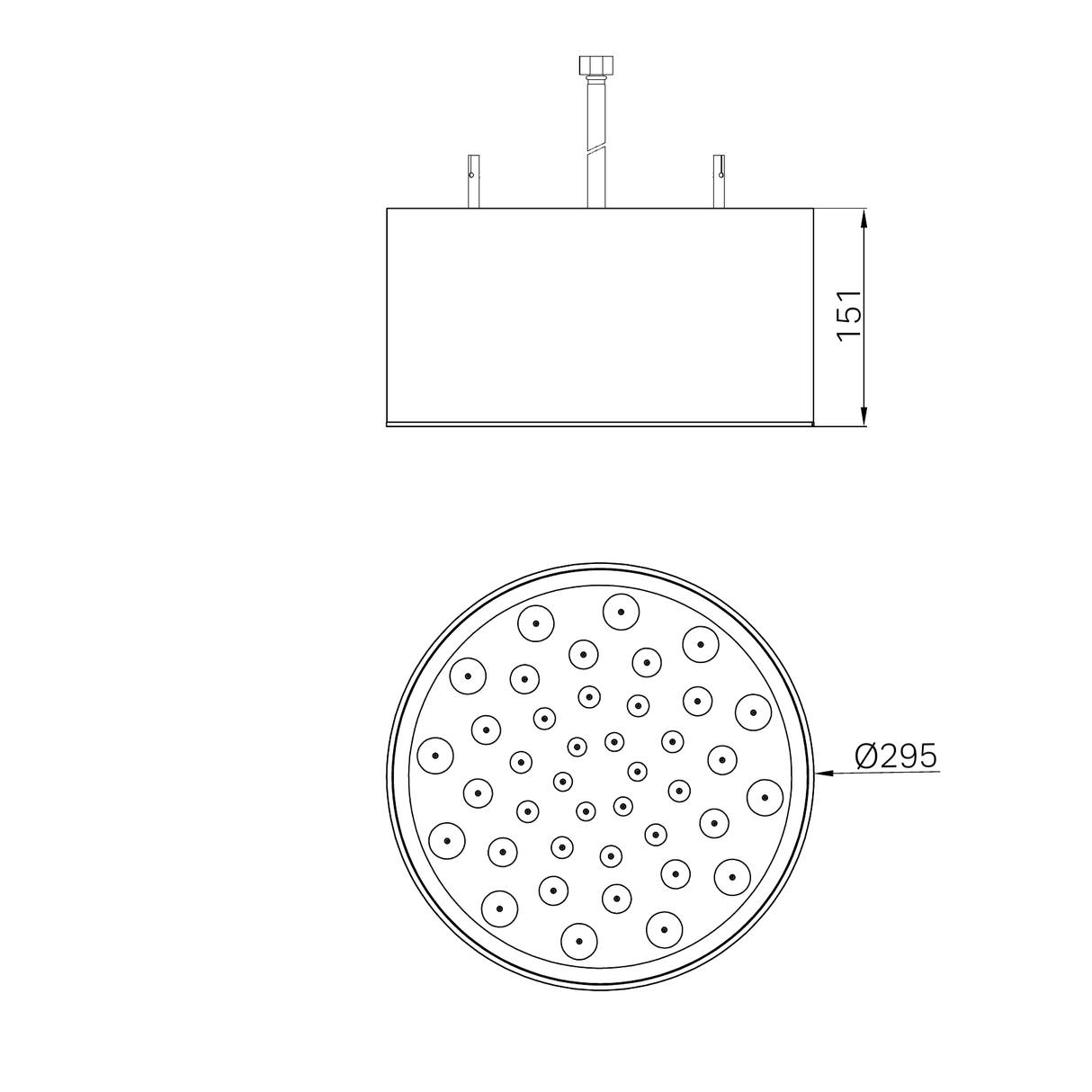 A line drawing of Nero Tapware's Serenity Ceiling Shower Head Brushed Gold