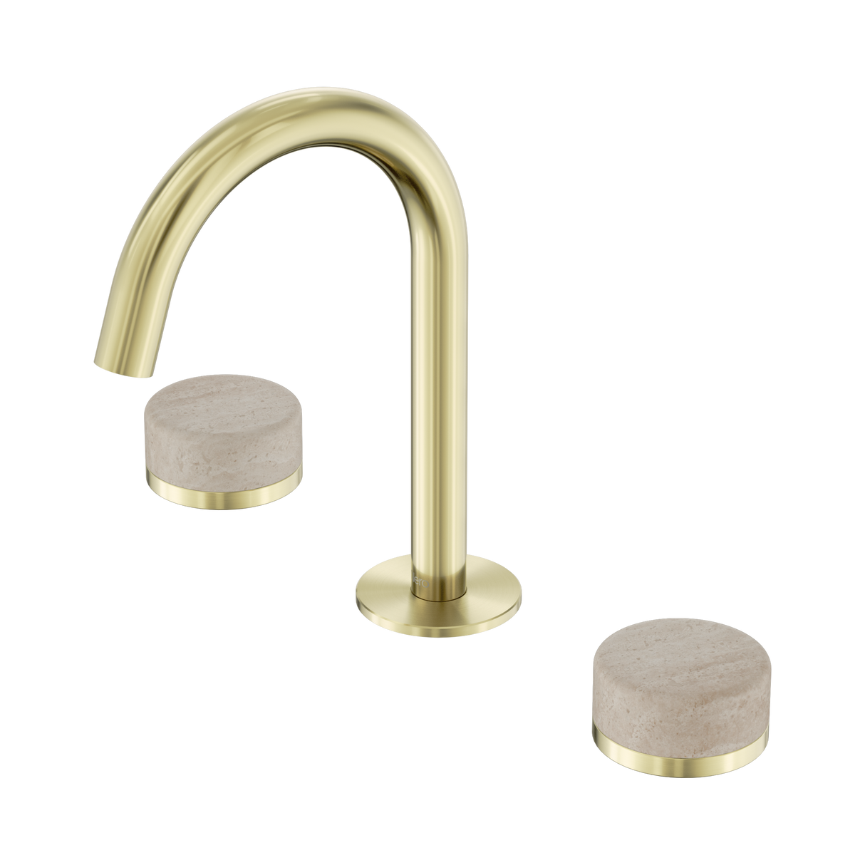 An image of Nero Tapware's Serenity Basin Set Arc Spout With Rome Travertine Handle Brushed Gold