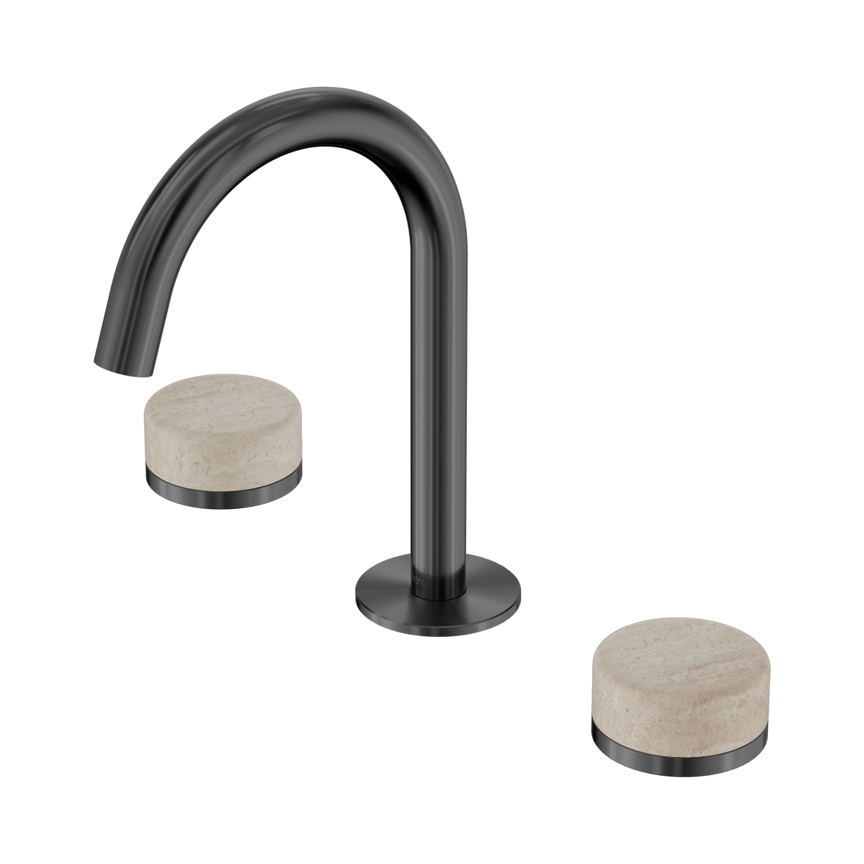 An image of Nero Tapware's Serenity Basin Set Arc Spout With Rome Travertine Handle Gun Metal