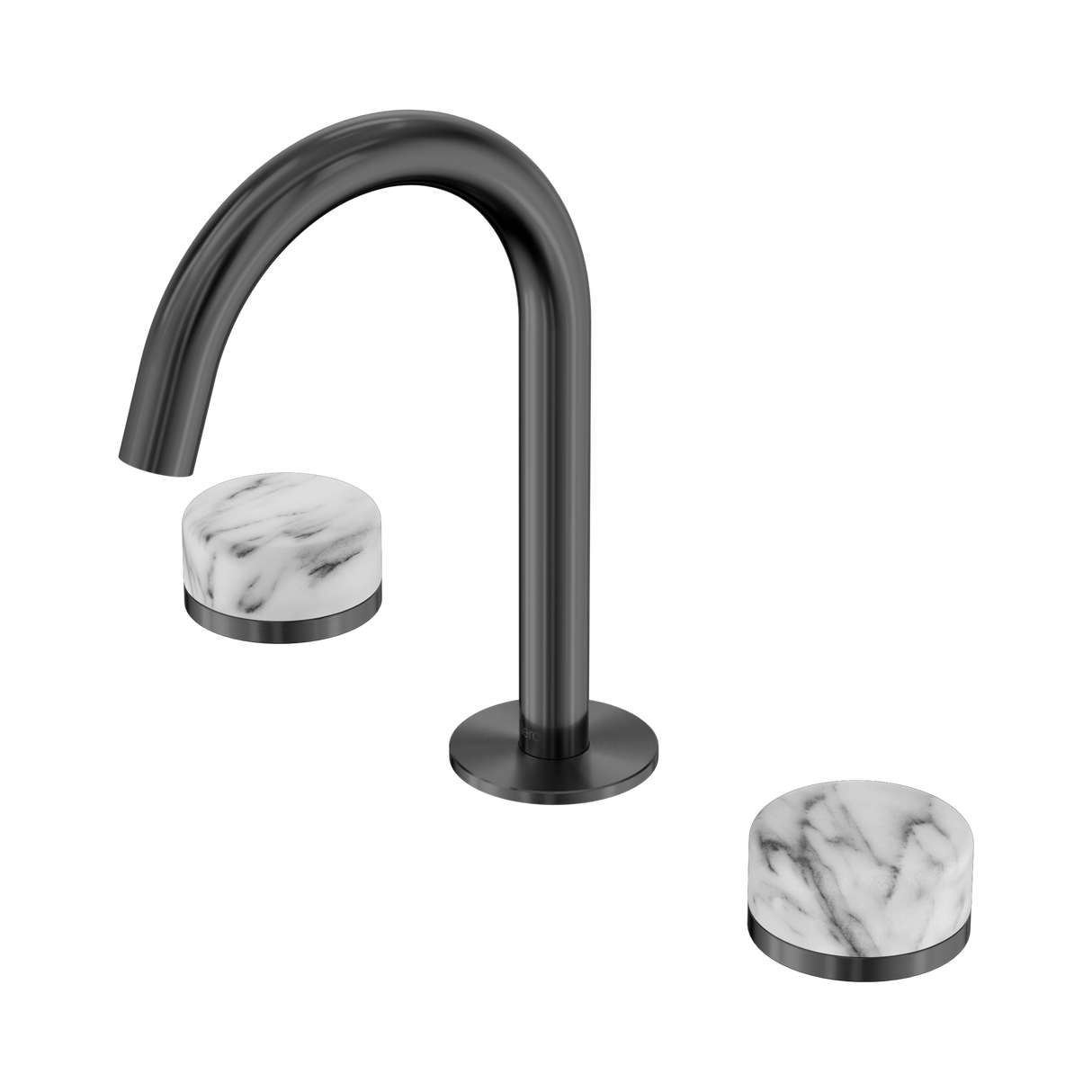 An image of Nero Tapware's Serenity Basin Set Arc Spout With Arabescato Corchia Handle Gun Metal