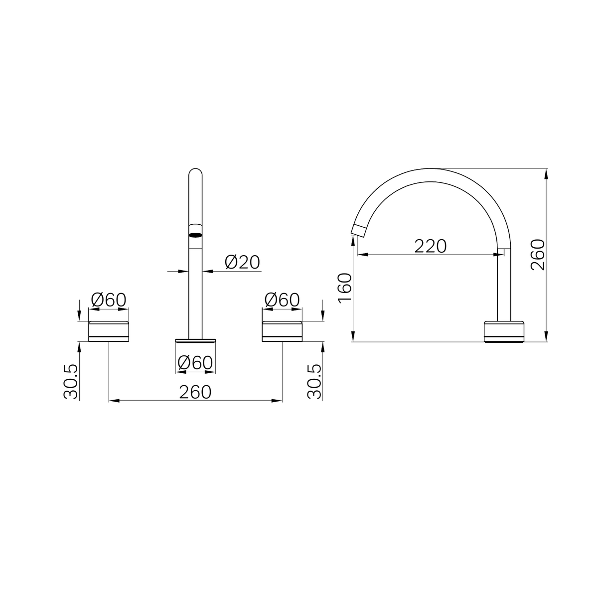 A line drawing of Nero Tapware's Serenity Bath/Kitchen Set Arc Spout With Carrara Handle Brushed Nickel