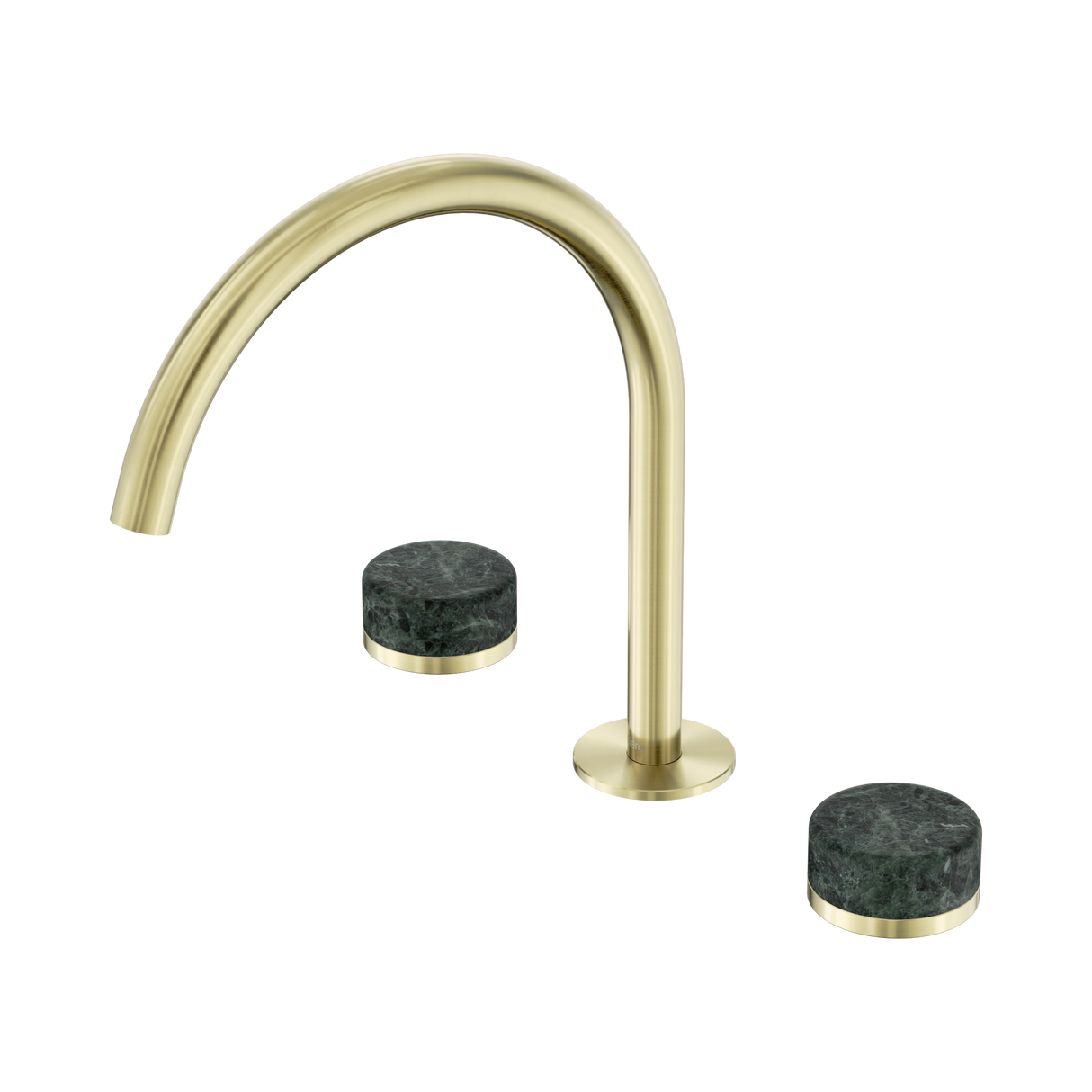 An image of Nero Tapware's Serenity Bath/Kitchen Set Arc Spout With Verde Alpi Handle Brushed Gold
