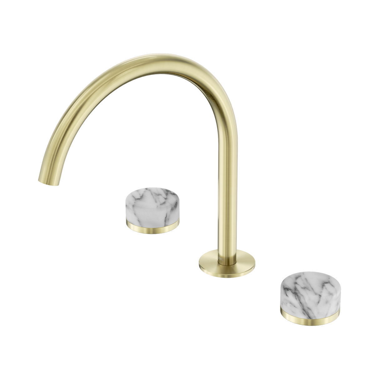 An image of Nero Tapware's Serenity Bath/Kitchen Set Arc Spout With Arabescato Corchia Handle Brushed Gold