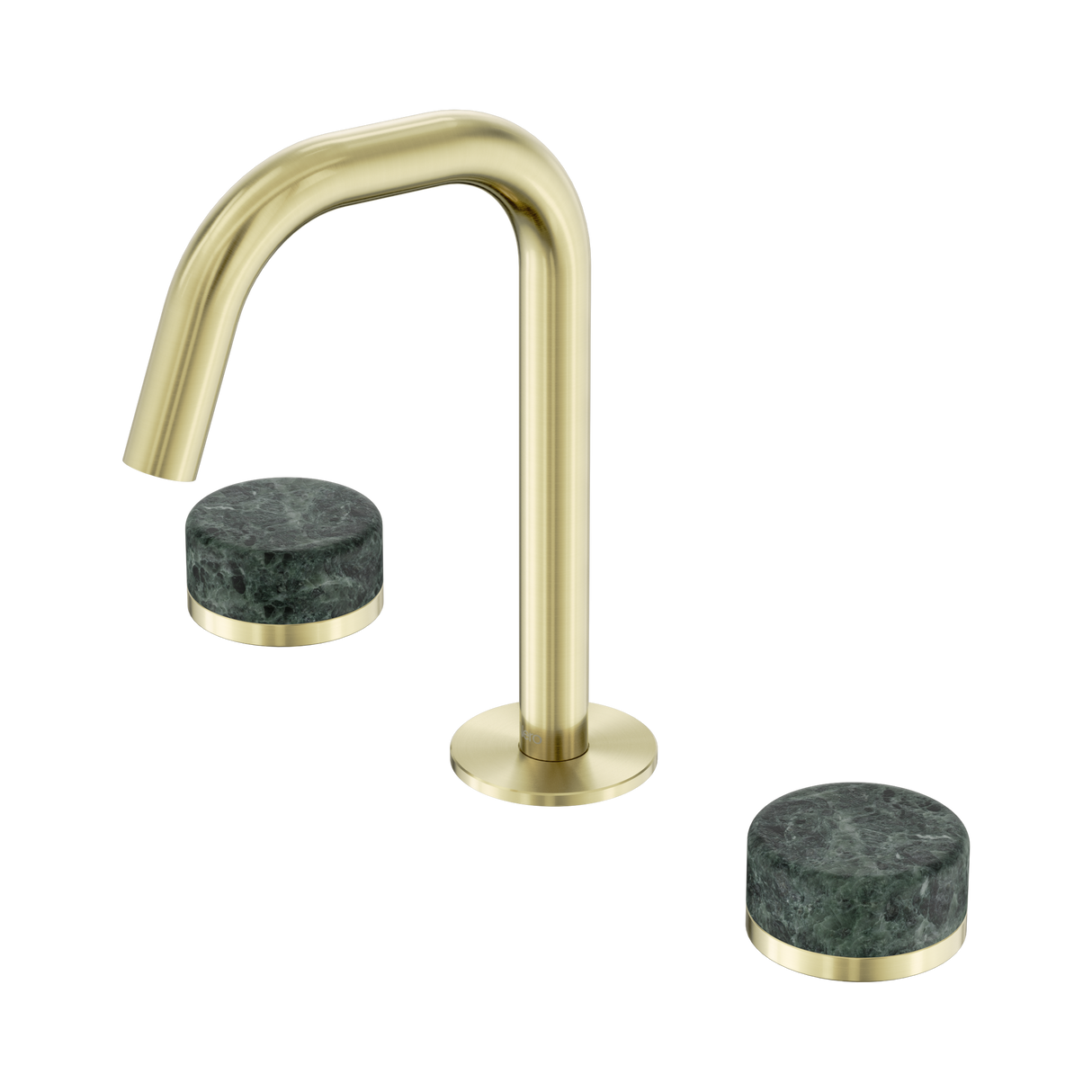 An image of Nero Tapware's Serenity Basin Set Edge Spout With Verde Alpi Handle Brushed Gold