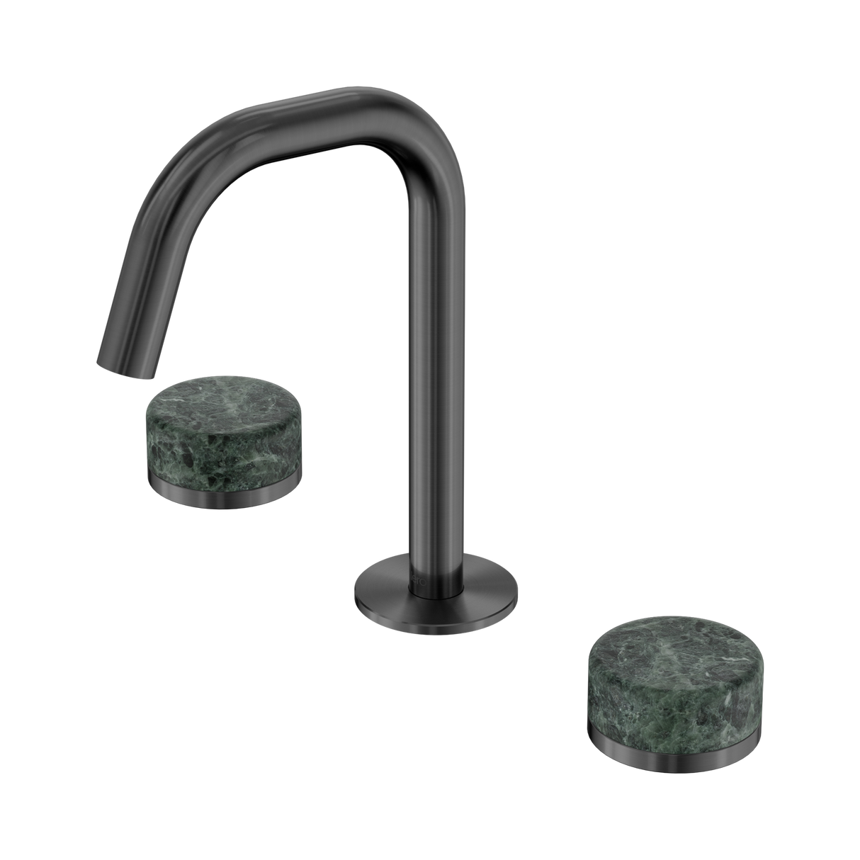 An image of Nero Tapware's Serenity Basin Set Edge Spout With Verde Alpi Handle Gun Metal
