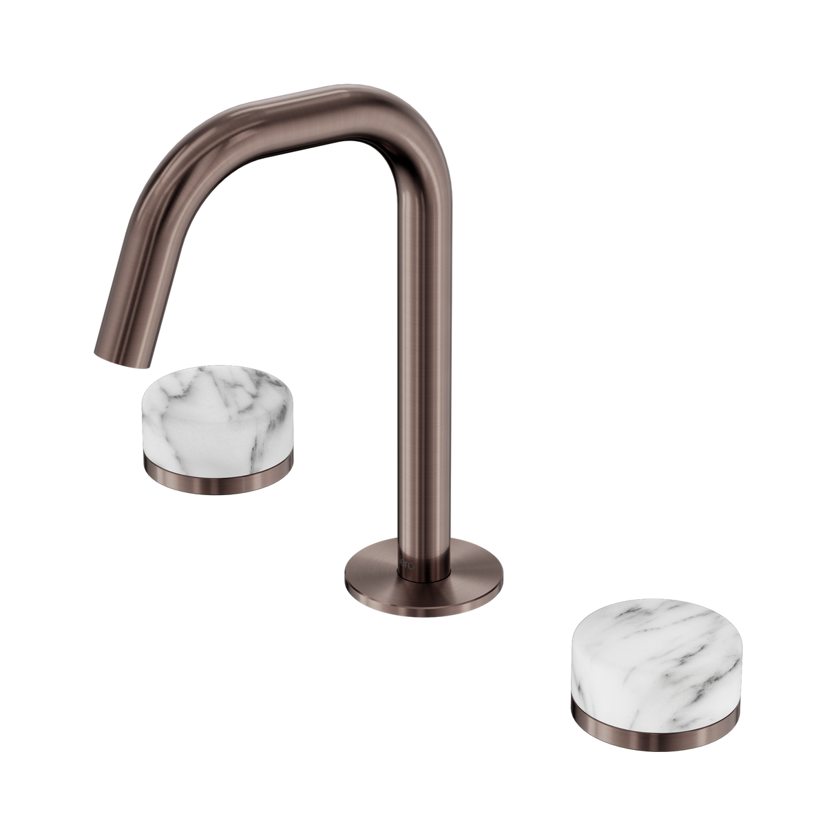 An image of Nero Tapware's Serenity Basin Set Edge Spout With Arabescato Corchia Handle Brushed Bronze