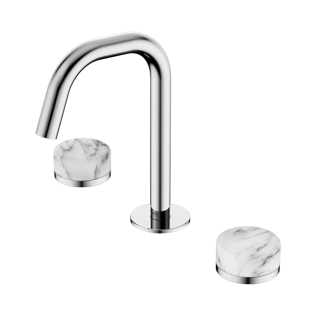 An image of Nero Tapware's Serenity Basin Set Edge Spout With Arabescato Corchia Handle Chrome