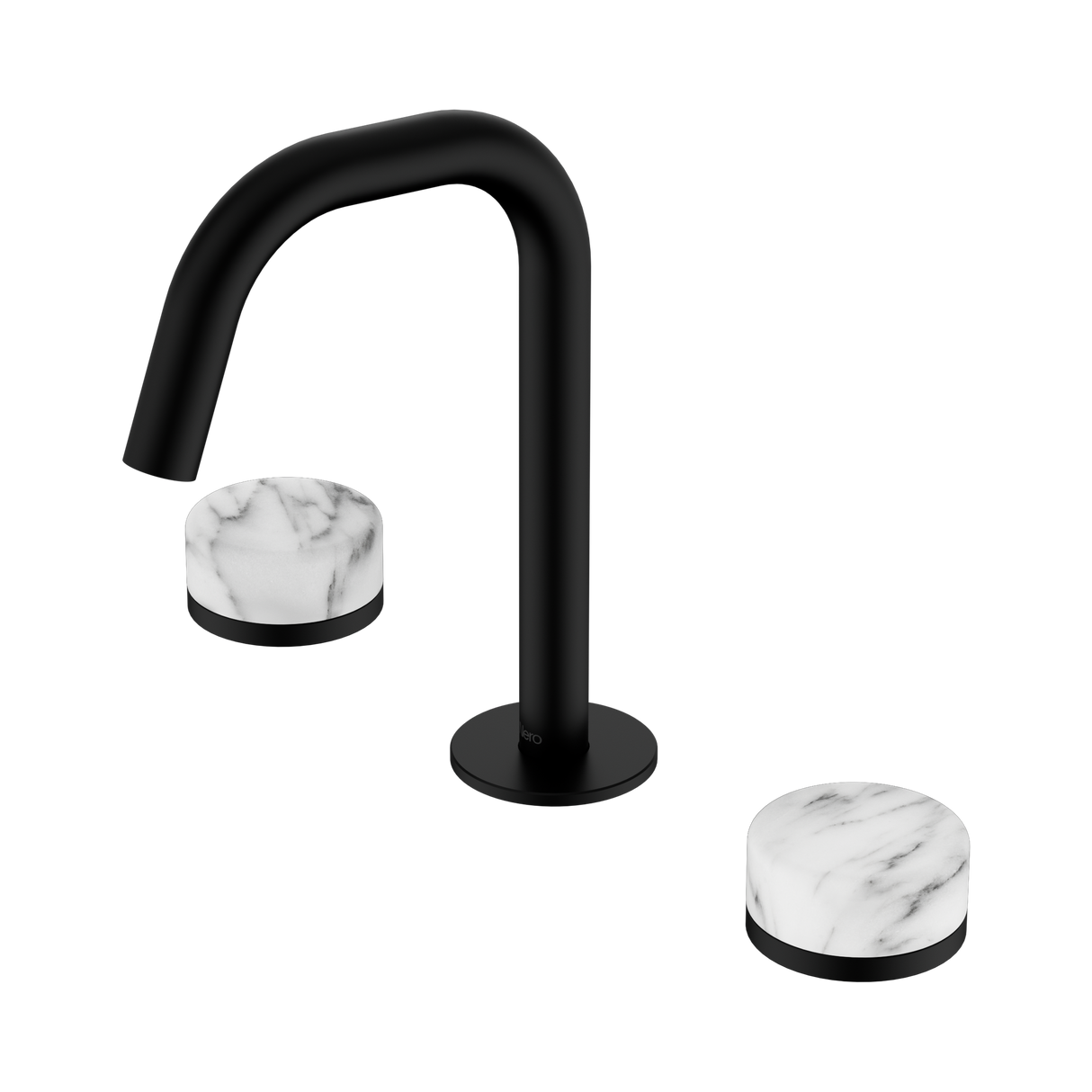 An image of Nero Tapware's Serenity Basin Set Edge Spout With Arabescato Corchia Handle Matt Black