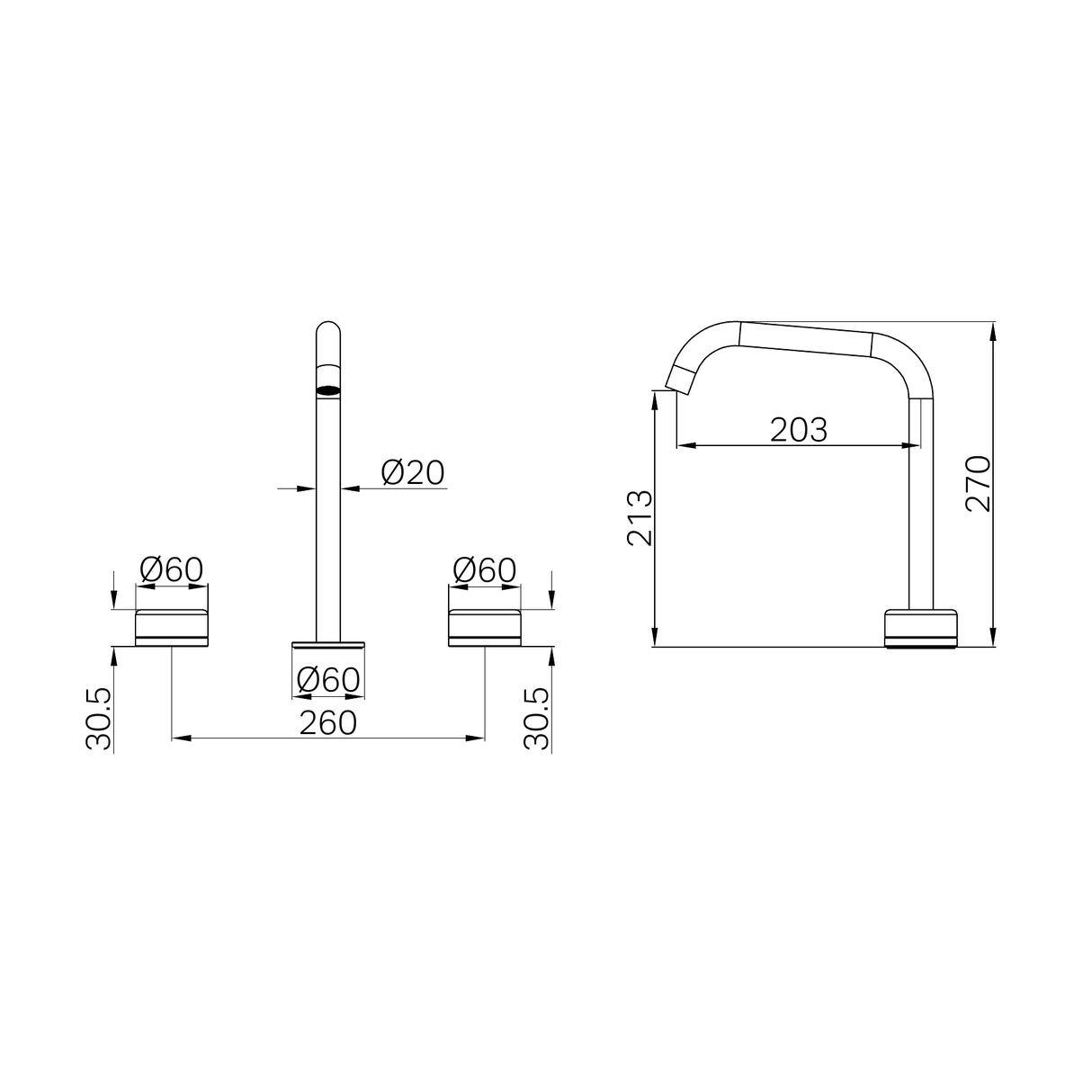 A line drawing of Nero Tapware's Serenity Bath/Kitchen Set Edge Spout With Arabescato Corchia Handle Brushed Bronze