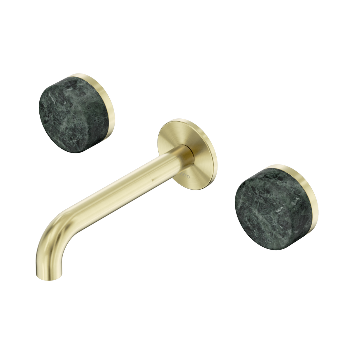 An image of Nero Tapware's Serenity Wall Basin Set 160mm Spout With Verde Alpi Handle Brushed Gold