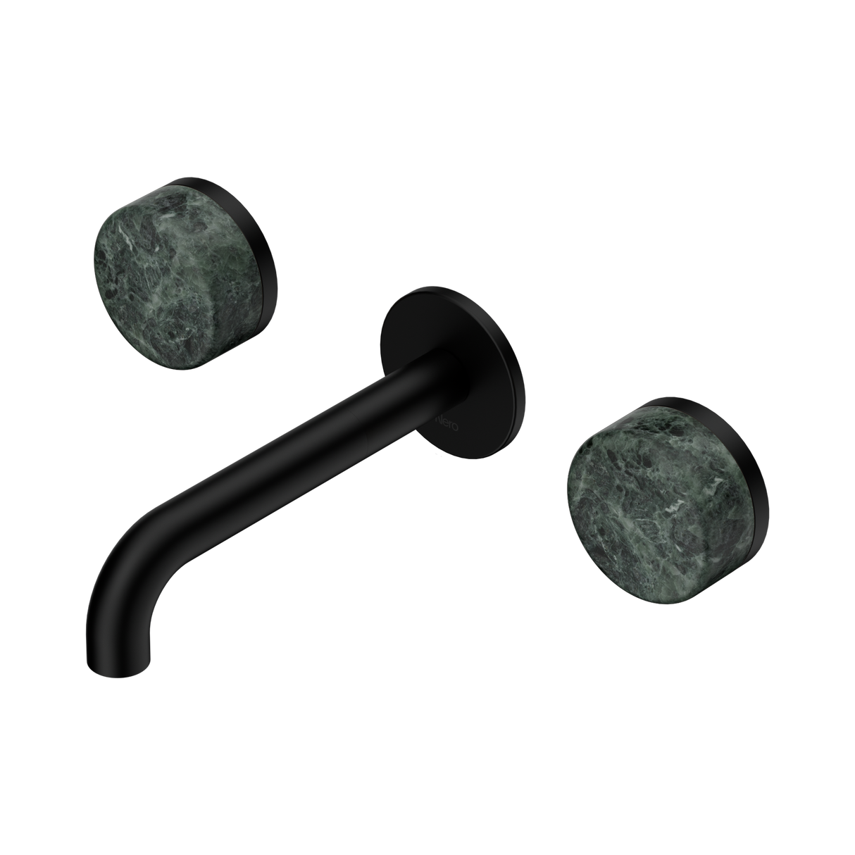 An image of Nero Tapware's Serenity Wall Basin Set 160mm Spout With Verde Alpi Handle Matt Black