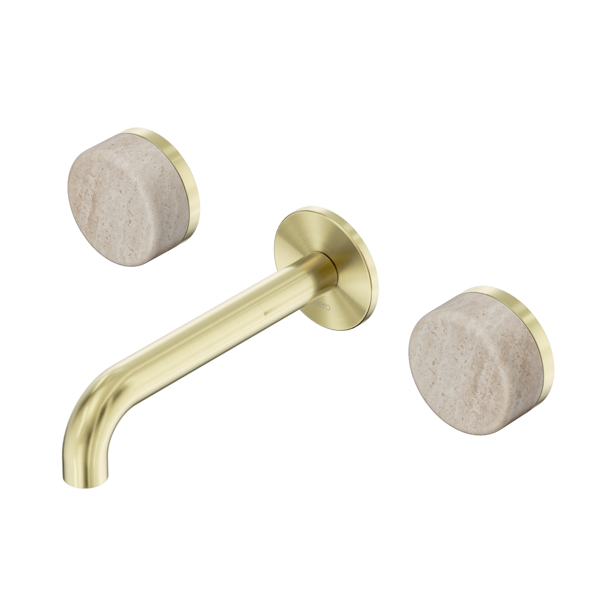 An image of Nero Tapware's Serenity Wall Basin Set 160mm Spout With Rome Travertine Handle Brushed Gold