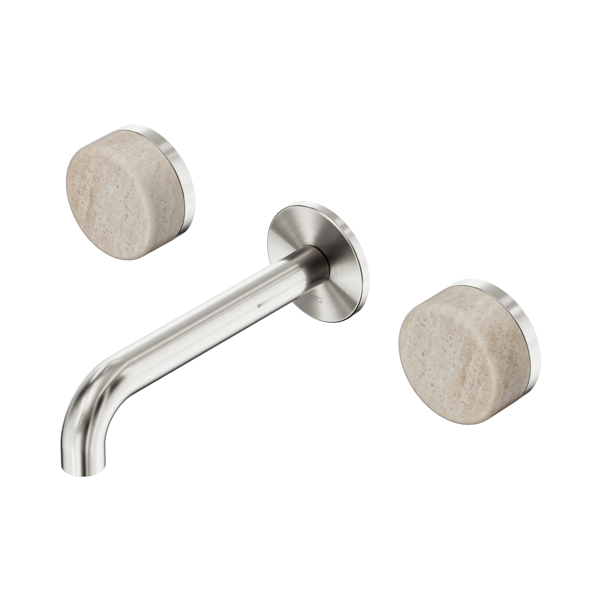 An image of Nero Tapware's Serenity Wall Basin Set 160mm Spout With Rome Travertine Handle Brushed Nickel