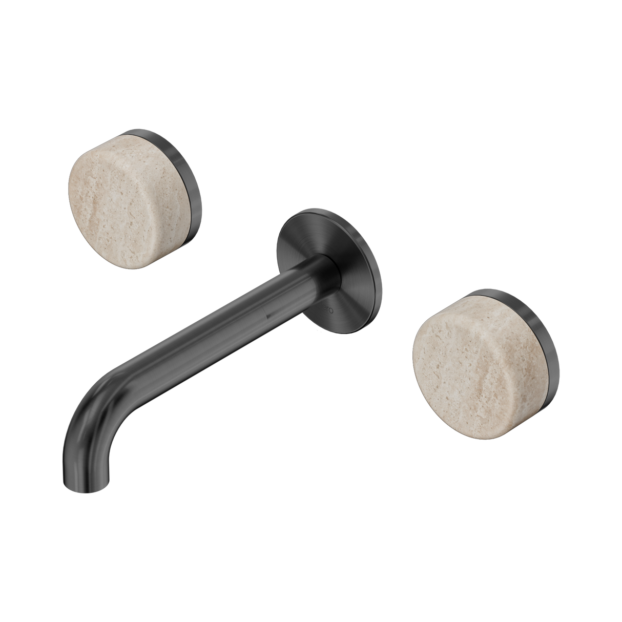An image of Nero Tapware's Serenity Wall Basin Set 160mm Spout With Rome Travertine Handle Gun Metal