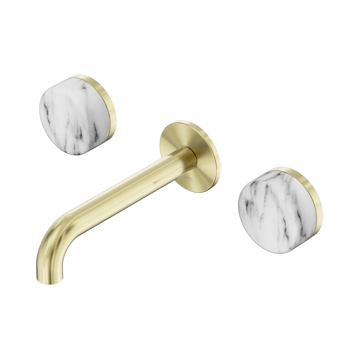 An image of Nero Tapware's Serenity Wall Basin Set 160mm Spout With Arabescato Corchia Handle Brushed Gold