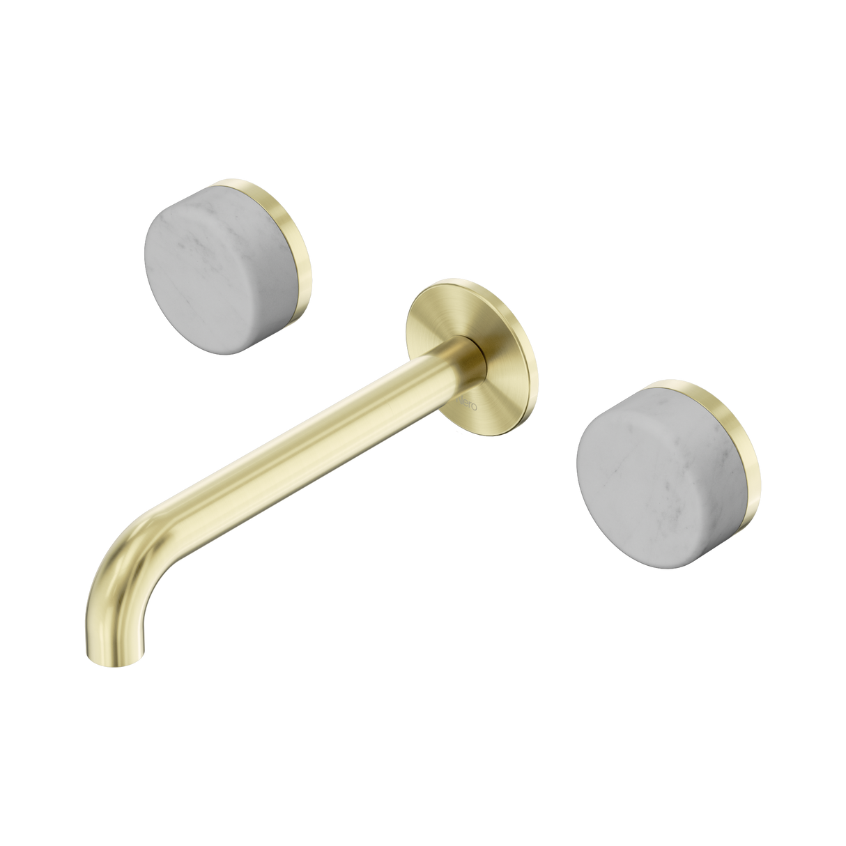 An image of Nero Tapware's Serenity Wall Basin Set 185mm Spout With Carrara Handle Brushed Gold