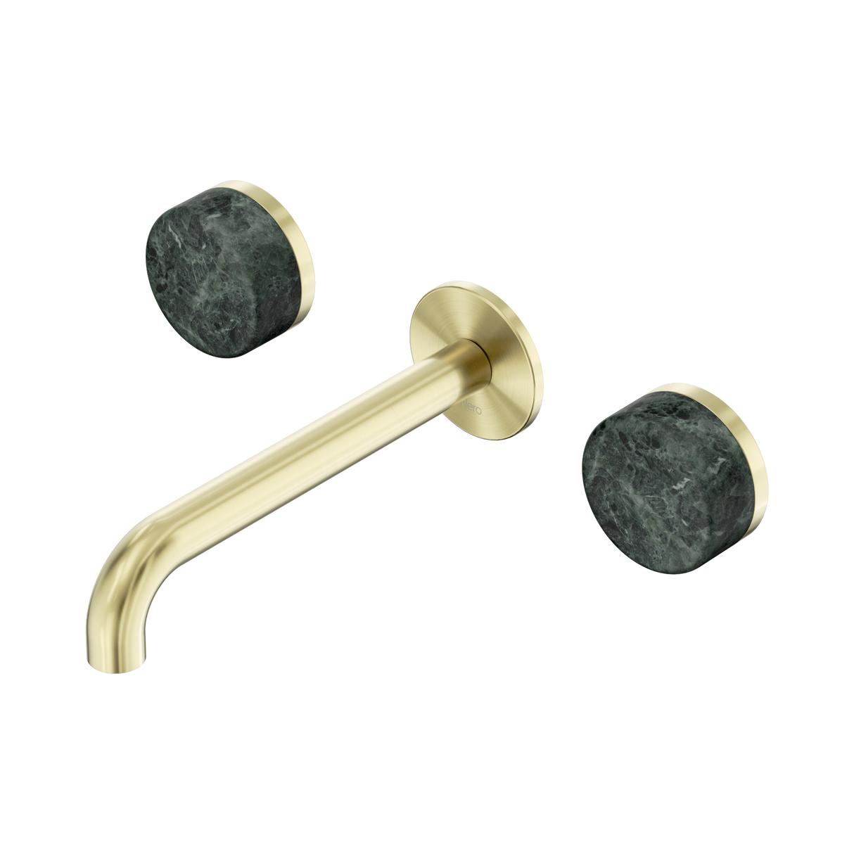 An image of Nero Tapware's Serenity Wall Basin Set 185mm Spout With Verde Alpi Handle Brushed Gold