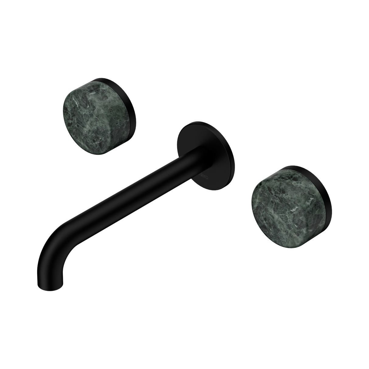 An image of Nero Tapware's Serenity Wall Basin Set 185mm Spout With Verde Alpi Handle Matt Black