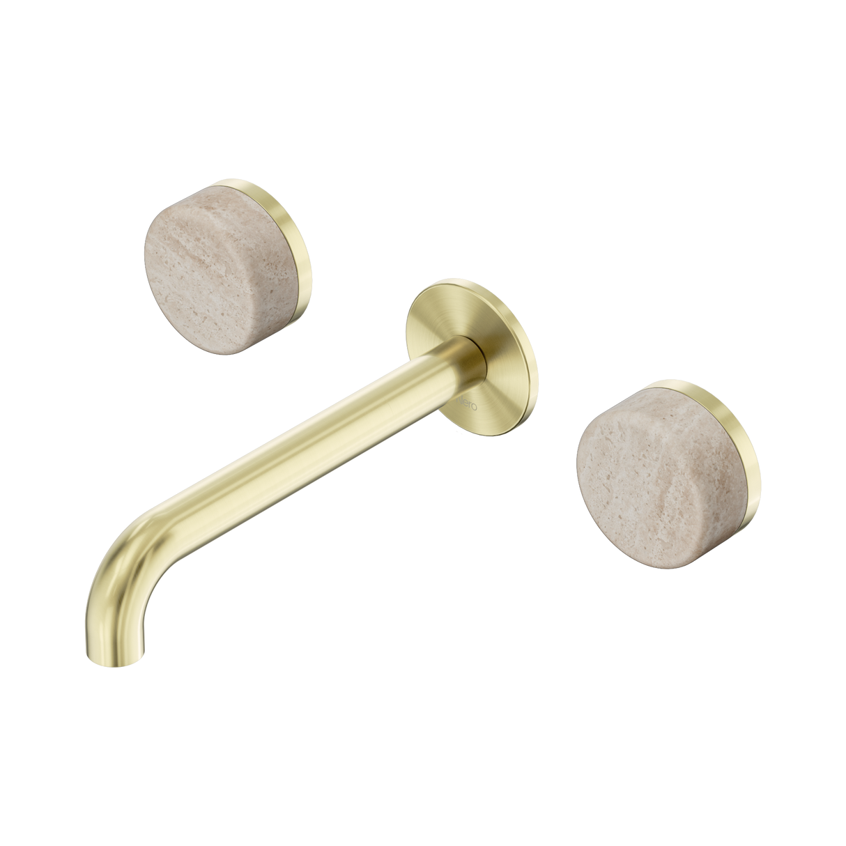 An image of Nero Tapware's Serenity Wall Basin Set 185mm Spout With Rome Travertine Handle Brushed Gold