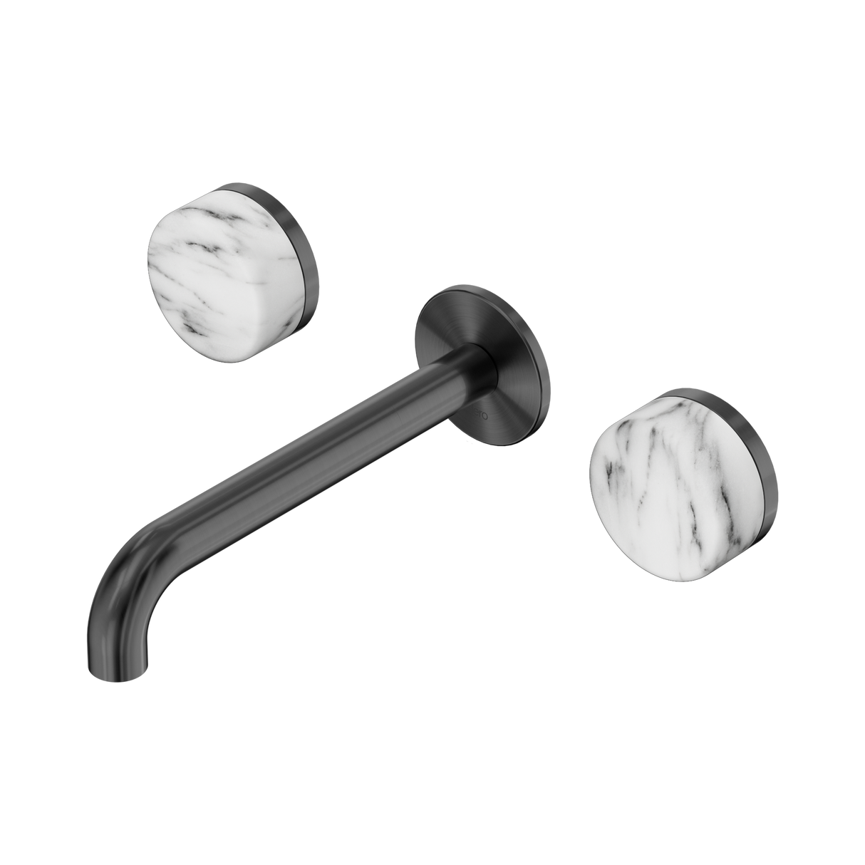 An image of Nero Tapware's Serenity Wall Basin Set 185mm Spout With Arabescato Corchia Handle Gun Metal
