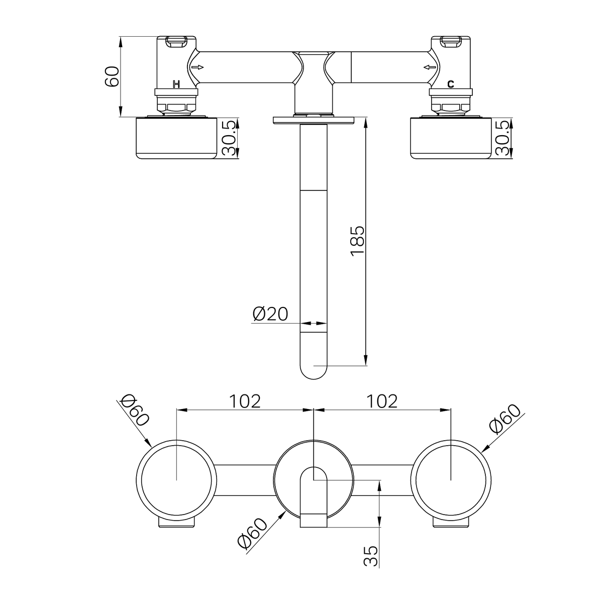 A line drawing of Nero Tapware's Serenity Wall Basin Set 185mm Spout With Metal Handle Chrome