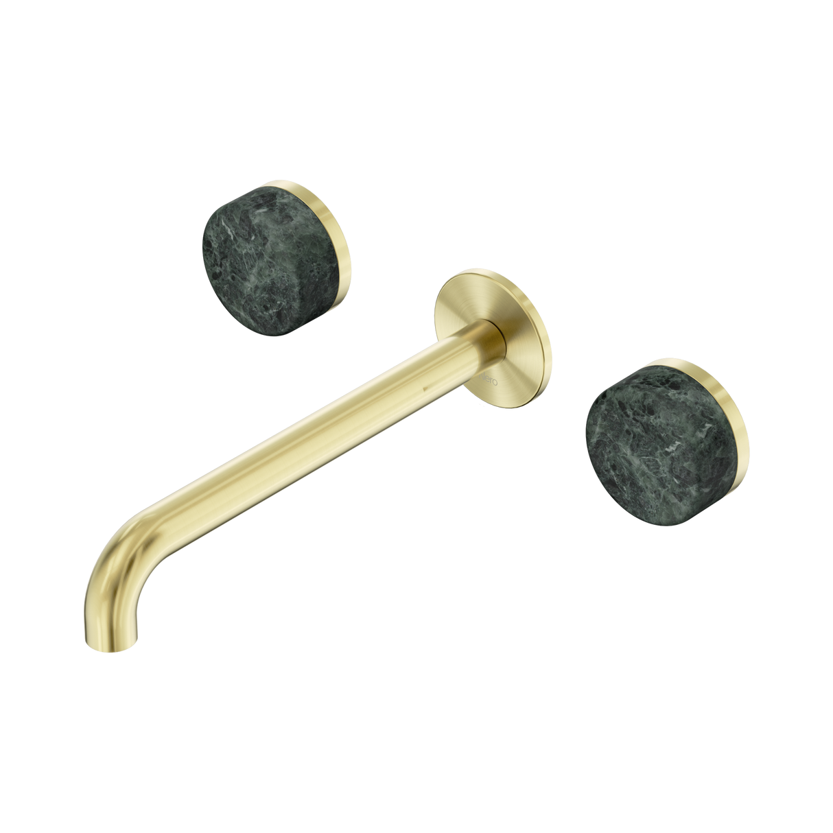 An image of Nero Tapware's Serenity Wall Basin Set 220mm Spout With Verde Alpi Handle Brushed Gold