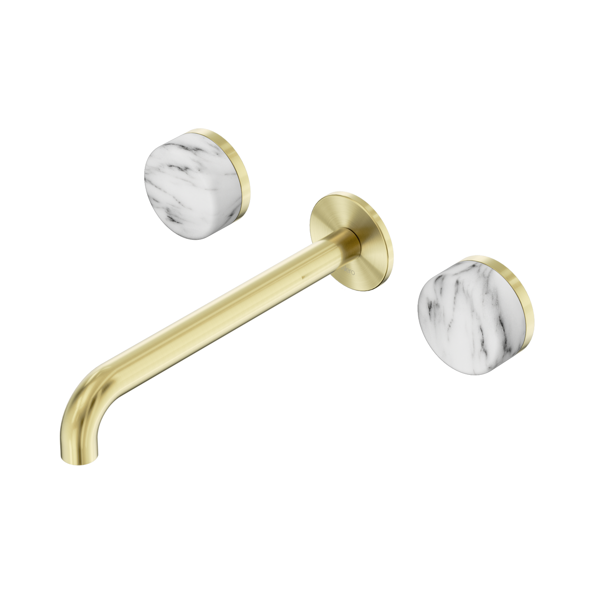 An image of Nero Tapware's Serenity Wall Basin Set 220mm Spout With Arabescato Corchia Handle Brushed Gold