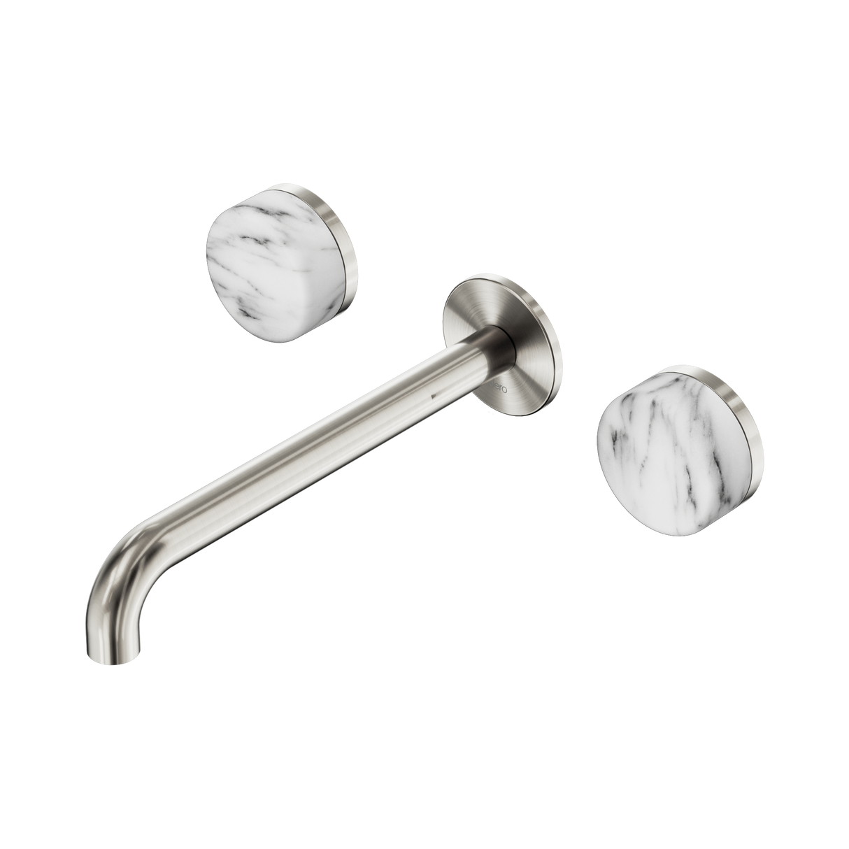 An image of Nero Tapware's Serenity Wall Basin Set 220mm Spout With Arabescato Corchia Handle Brushed Nickel