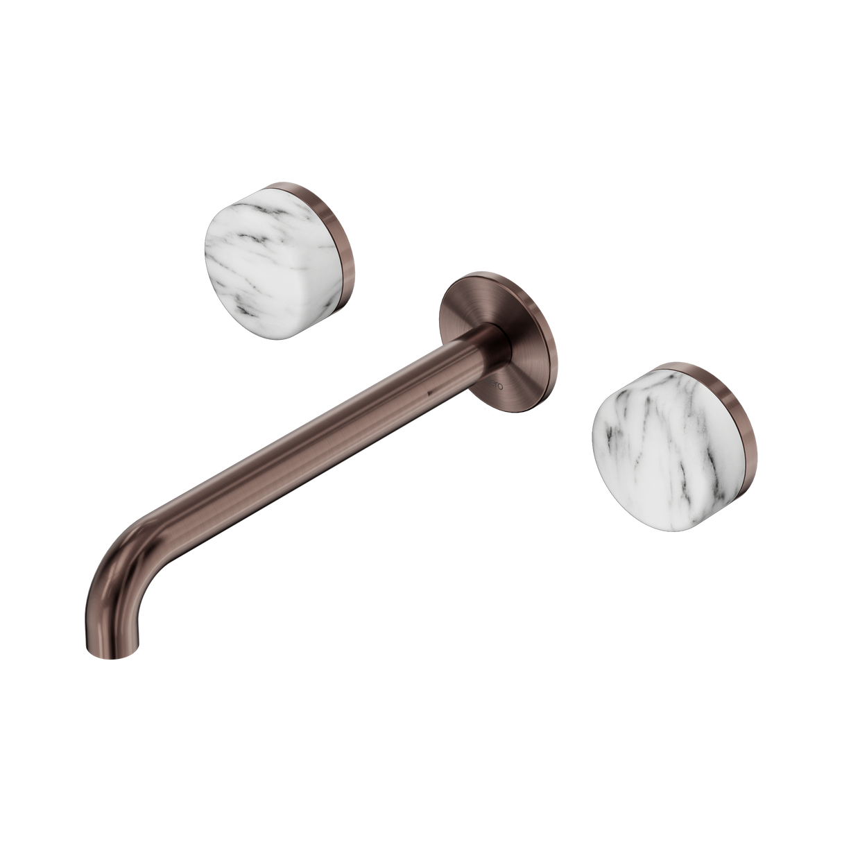 An image of Nero Tapware's Serenity Wall Basin Set 220mm Spout With Arabescato Corchia Handle Brushed Bronze