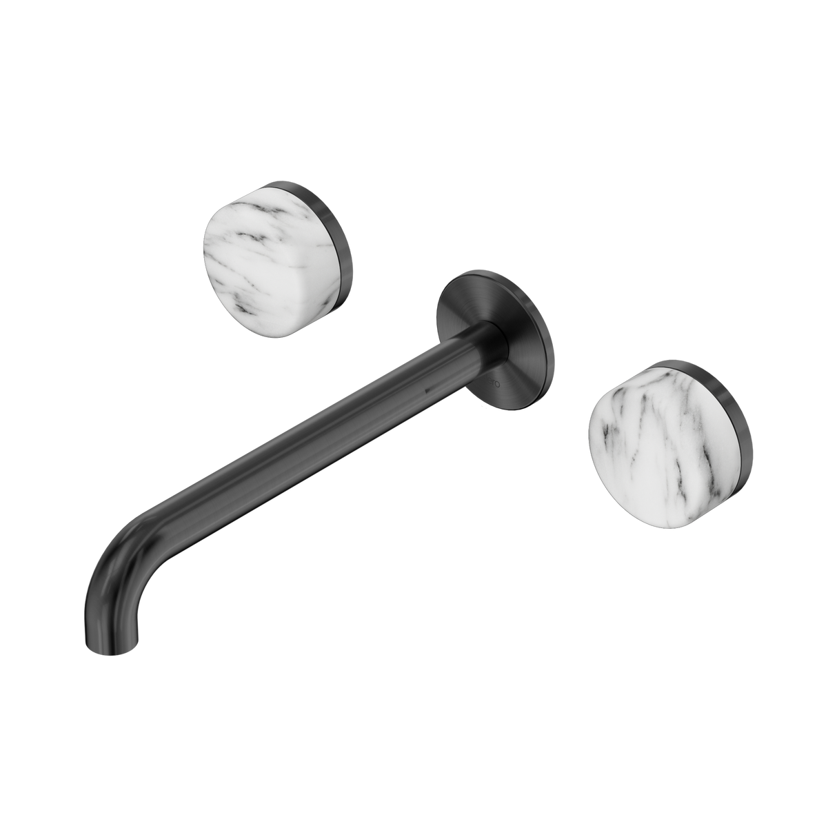 An image of Nero Tapware's Serenity Wall Basin Set 220mm Spout With Arabescato Corchia Handle Gun Metal