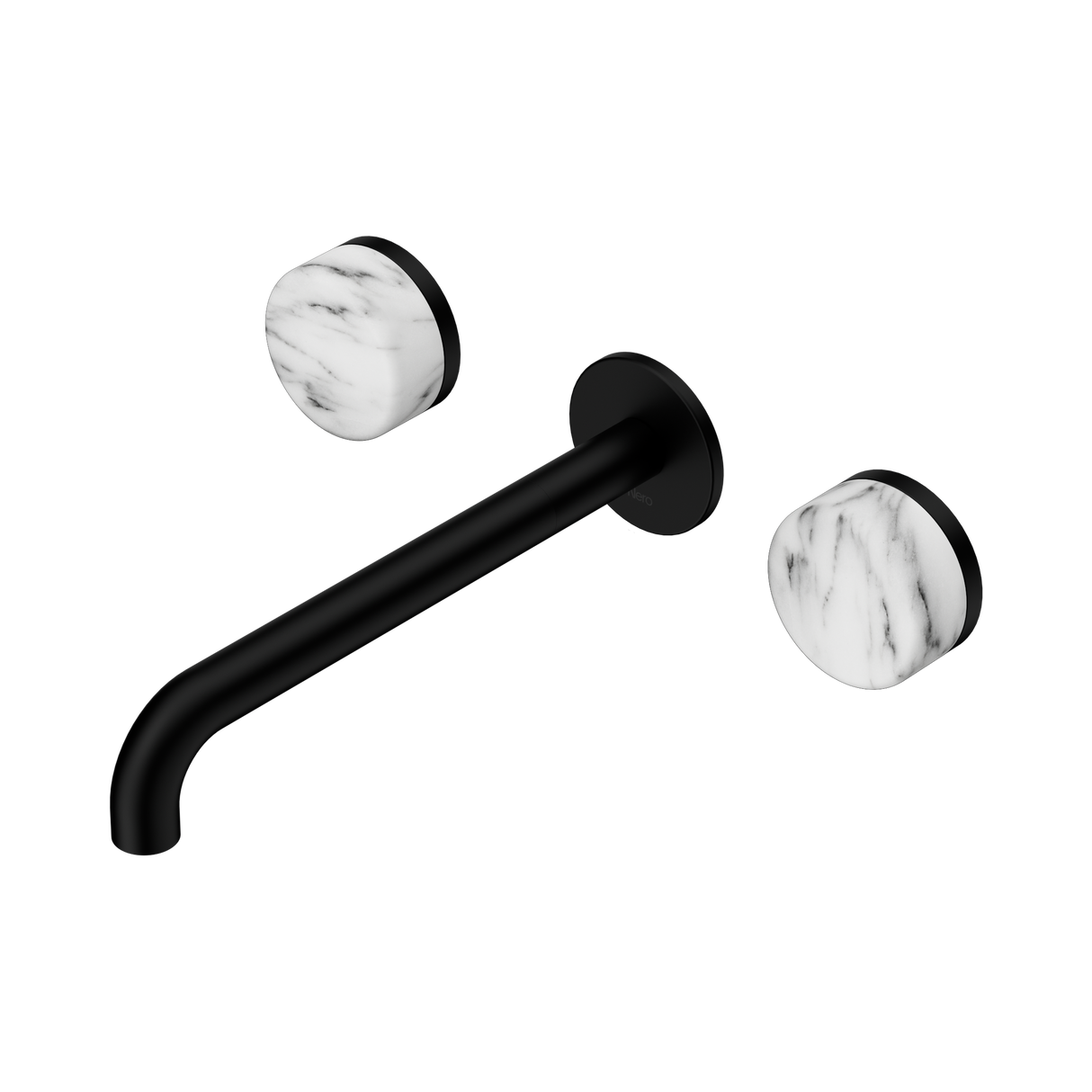 An image of Nero Tapware's Serenity Wall Basin Set 220mm Spout With Arabescato Corchia Handle Matt Black