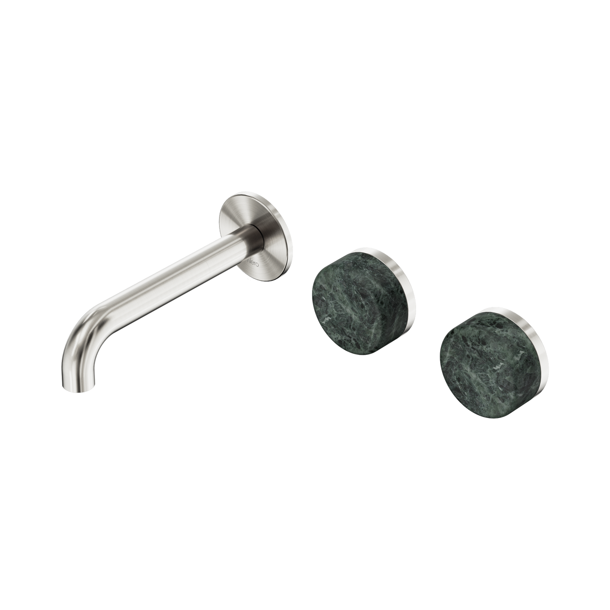An image of Nero Tapware's Serenity Wall Basin Set 160mm Offset Spout With Verde Alpi Handle Brushed Nickel