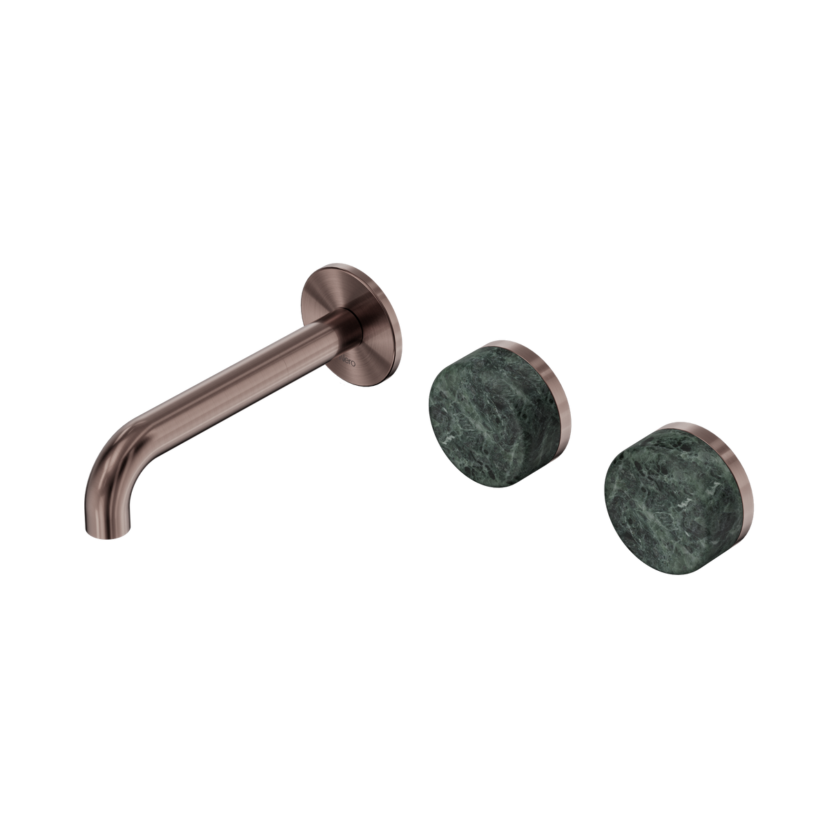 An image of Nero Tapware's Serenity Wall Basin Set 160mm Offset Spout With Verde Alpi Handle Brushed Bronze