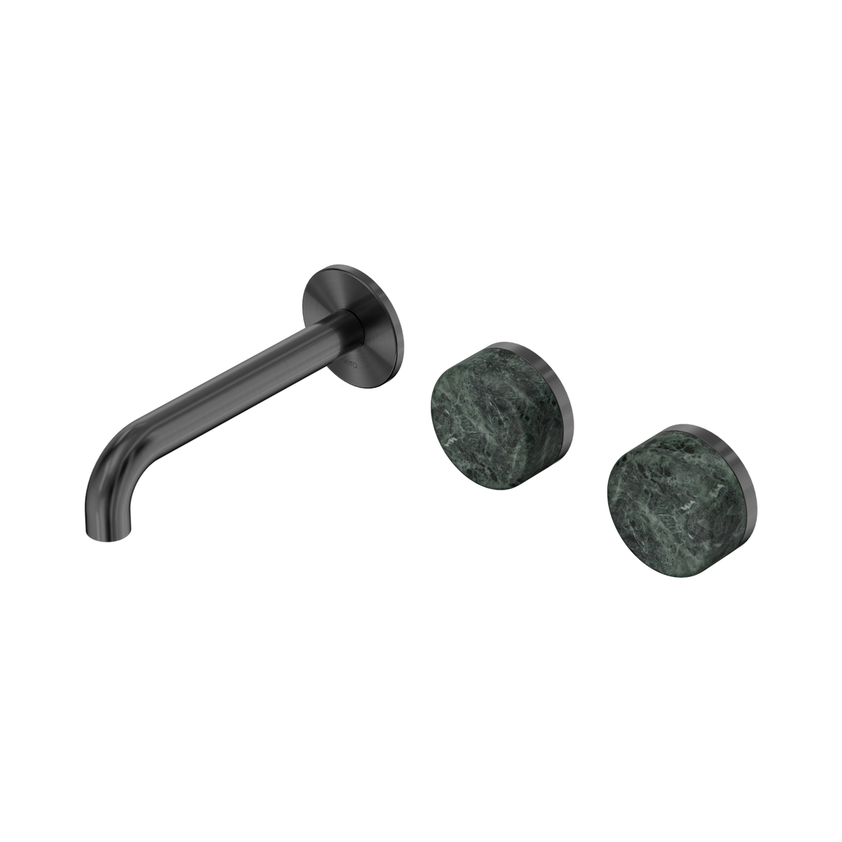An image of Nero Tapware's Serenity Wall Basin Set 160mm Offset Spout With Verde Alpi Handle Gun Metal