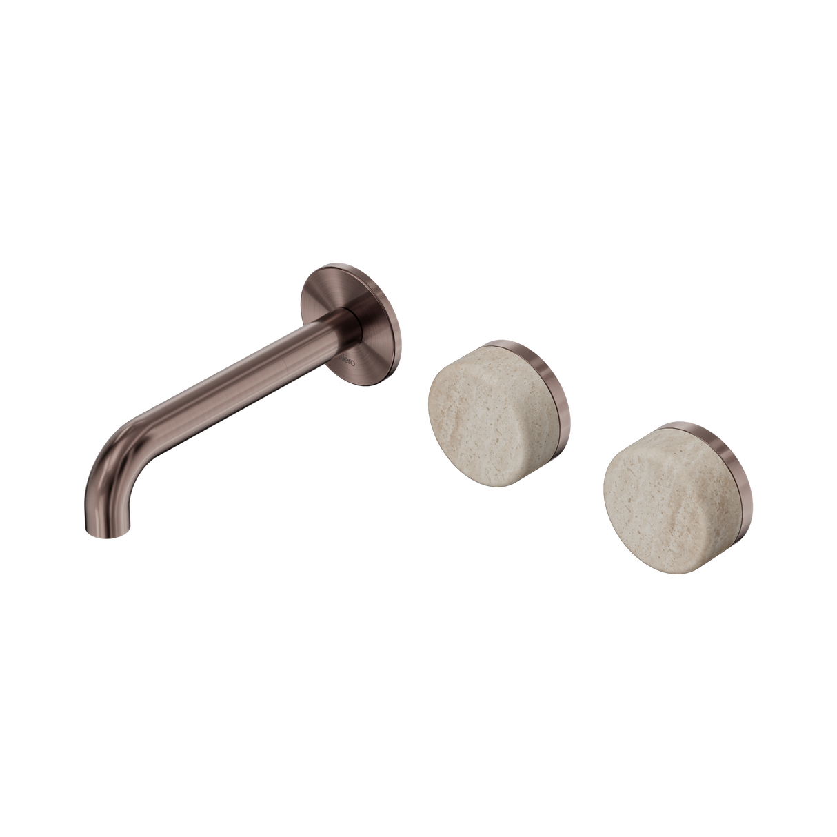 An image of Nero Tapware's Serenity Wall Basin Set 160mm Offset Spout With Rome Travertine Handle Brushed Bronze