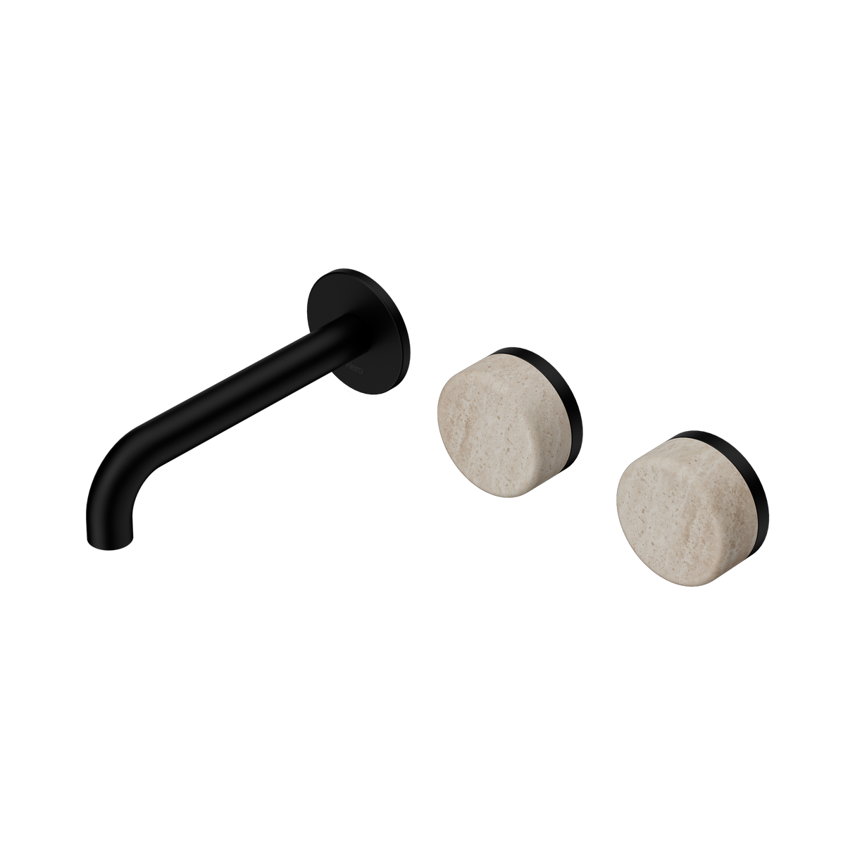 An image of Nero Tapware's Serenity Wall Basin Set 160mm Offset Spout With Rome Travertine Handle Matt Black
