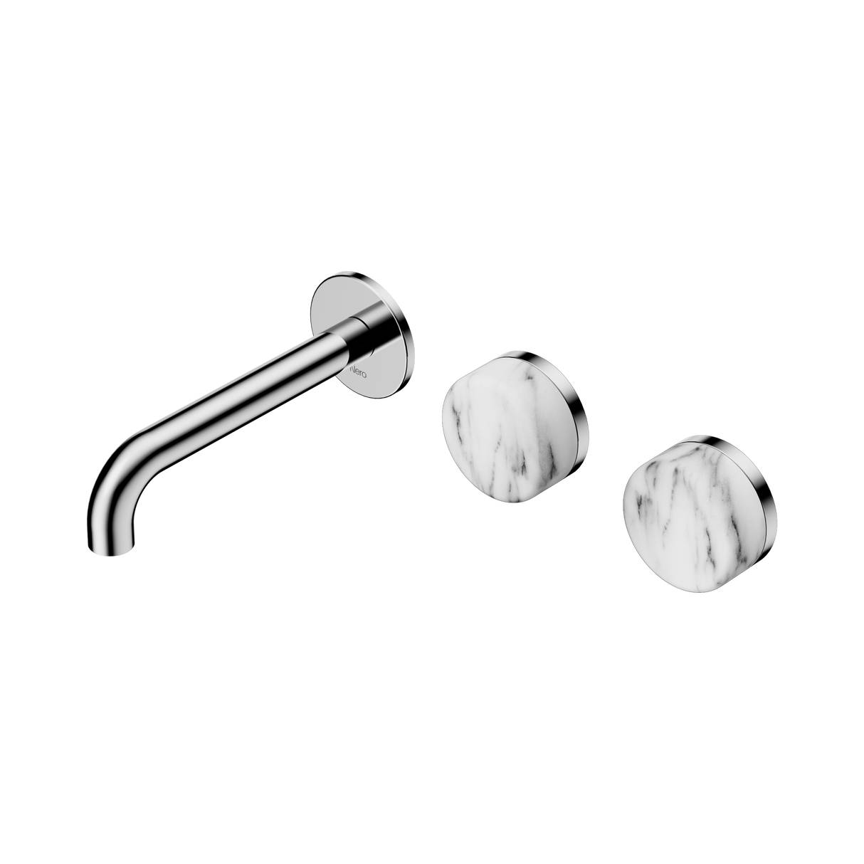 An image of Nero Tapware's Serenity Wall Basin Set 160mm Offset Spout With Arabescato Corchia Handle Chrome