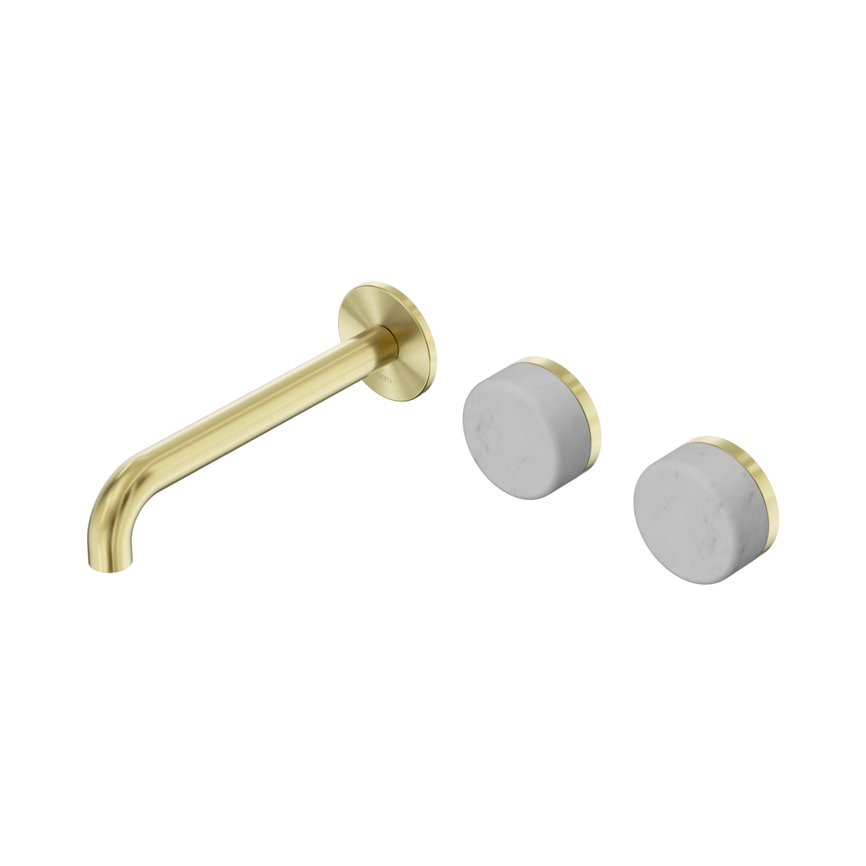 An image of Nero Tapware's Serenity Wall Basin Set 185mm Offset Spout With Carrara Handle Brushed Gold