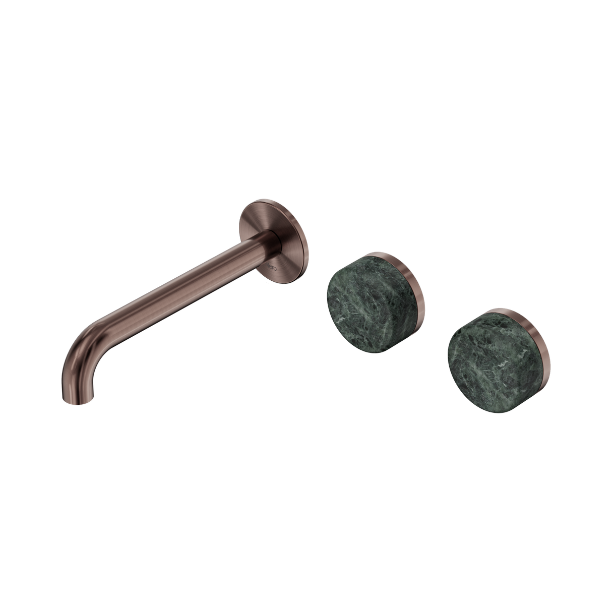 An image of Nero Tapware's Serenity Wall Basin Set 185mm Offset Spout With Verde Alpi Handle Brushed Bronze