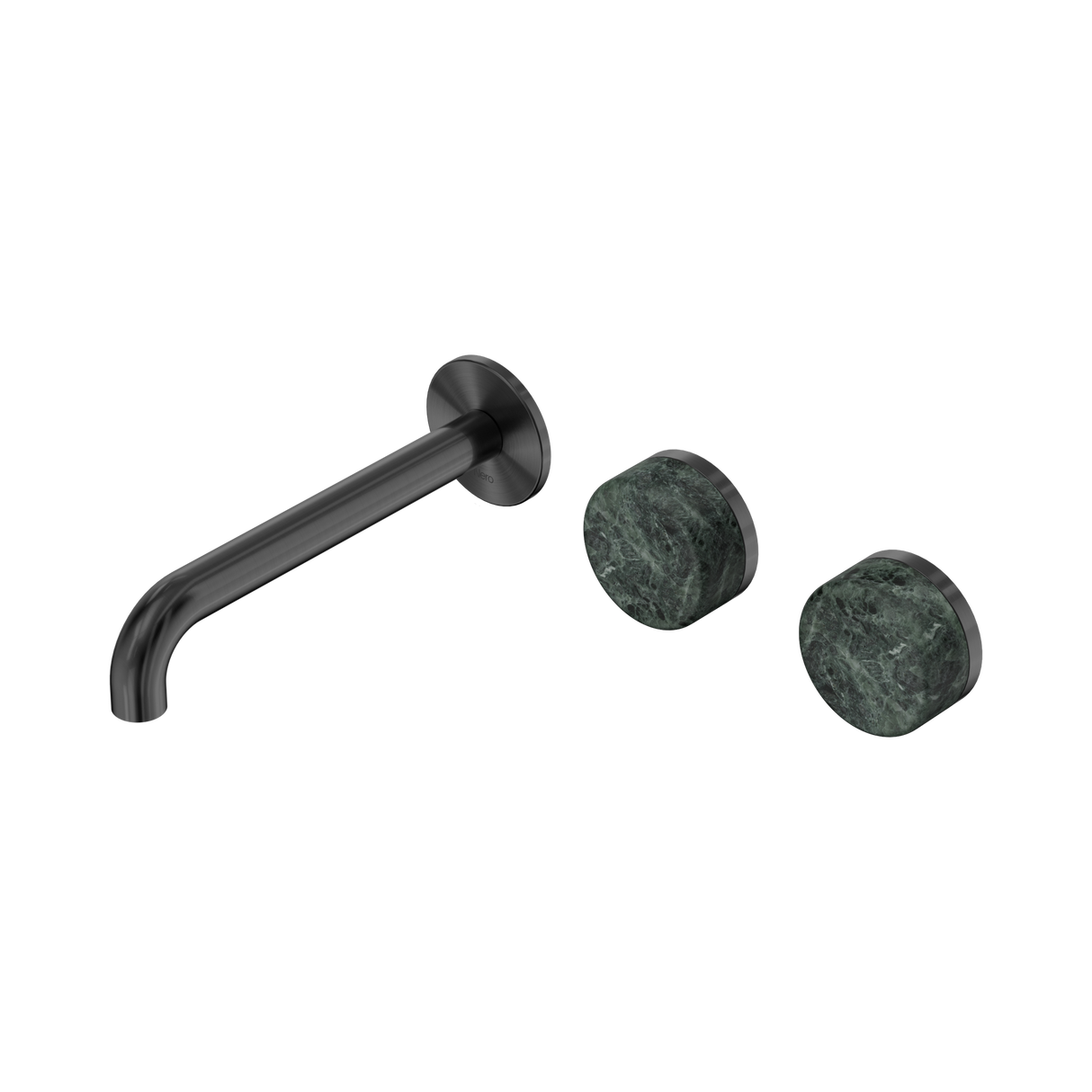 An image of Nero Tapware's Serenity Wall Basin Set 185mm Offset Spout With Verde Alpi Handle Gun Metal