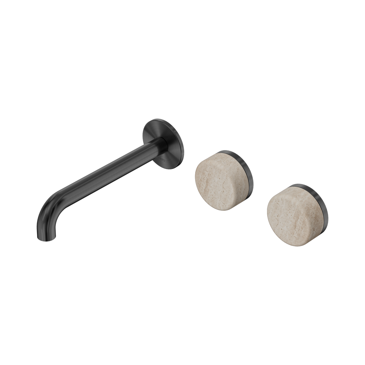 An image of Nero Tapware's Serenity Wall Basin Set 185mm Offset Spout With Rome Travertine Handle Gun Metal