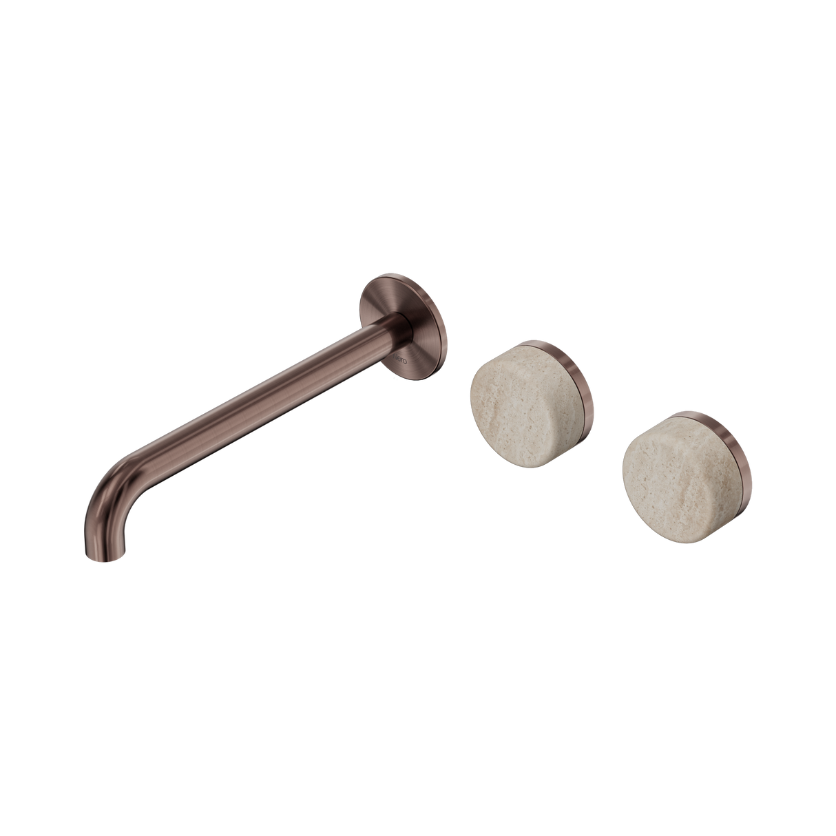 An image of Nero Tapware's Serenity Wall Basin Set 220mm Offset Spout With Rome Travertine Handle Brushed Bronze
