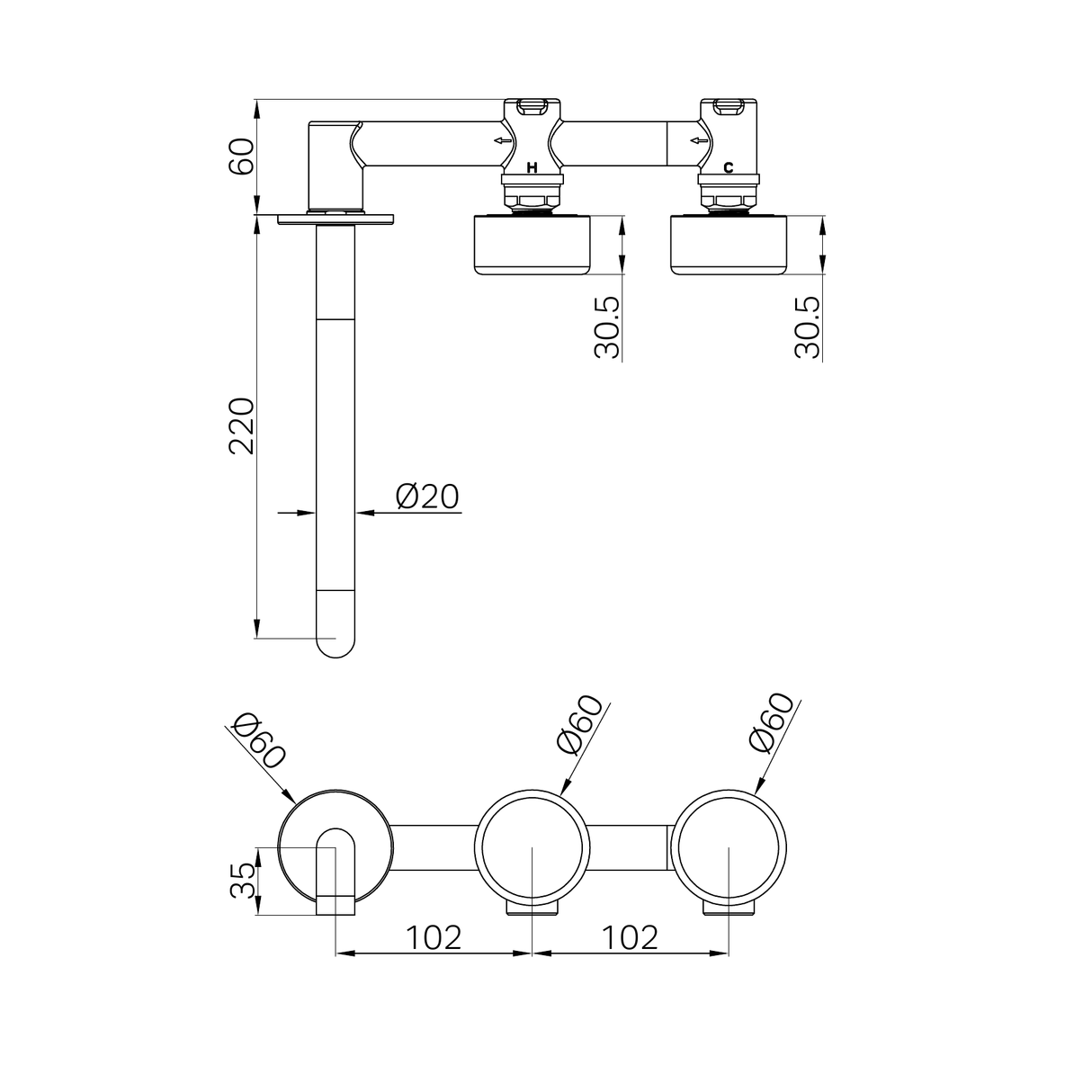 A line drawing of Nero Tapware's Serenity Wall Basin Set 220mm Offset Spout With Metal Handle Brushed Nickel