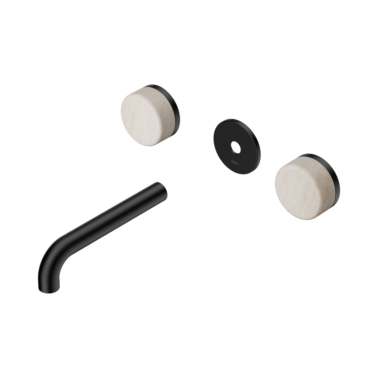 An image of Nero Tapware's Serenity Wall Basin Set 160mm Spout With Rome Travertine Handle Trim Kit Only Matt Black
