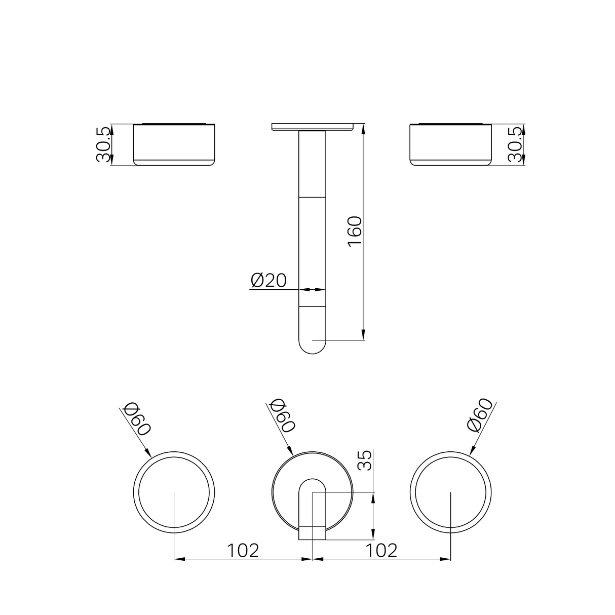 A line drawing of Nero Tapware's Serenity Wall Basin Set 160mm Spout With Metal Handle Trim Kit Only Brushed Bronze