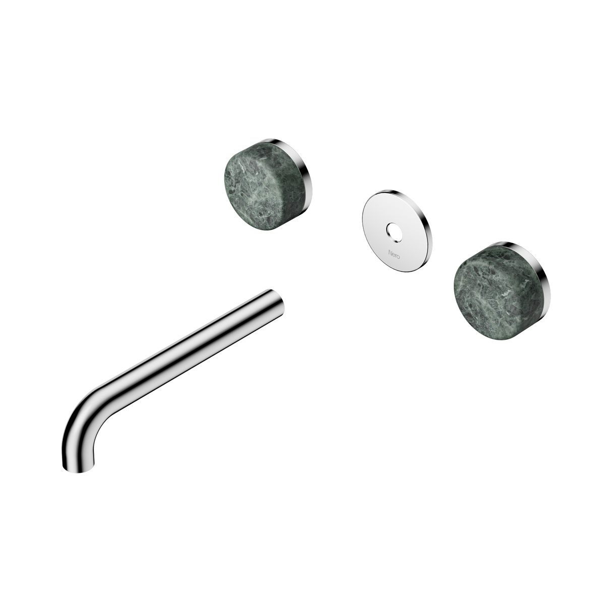 An image of Nero Tapware's Serenity Wall Basin Set 185mm Spout With Verde Alpi Handle Trim Kit Only Chrome