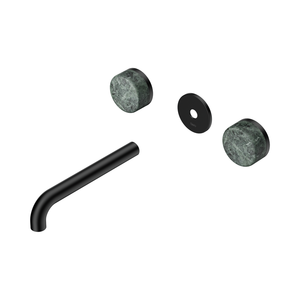 An image of Nero Tapware's Serenity Wall Basin Set 185mm Spout With Verde Alpi Handle Trim Kit Only Matt Black